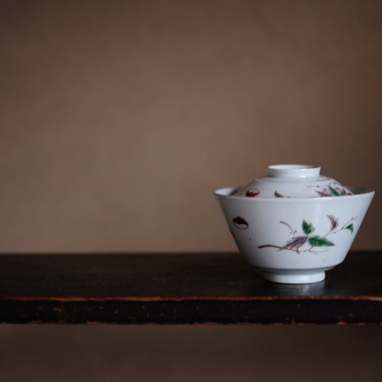 古伊万里白磁 栗図色絵 蓋付茶碗(江戸時代)