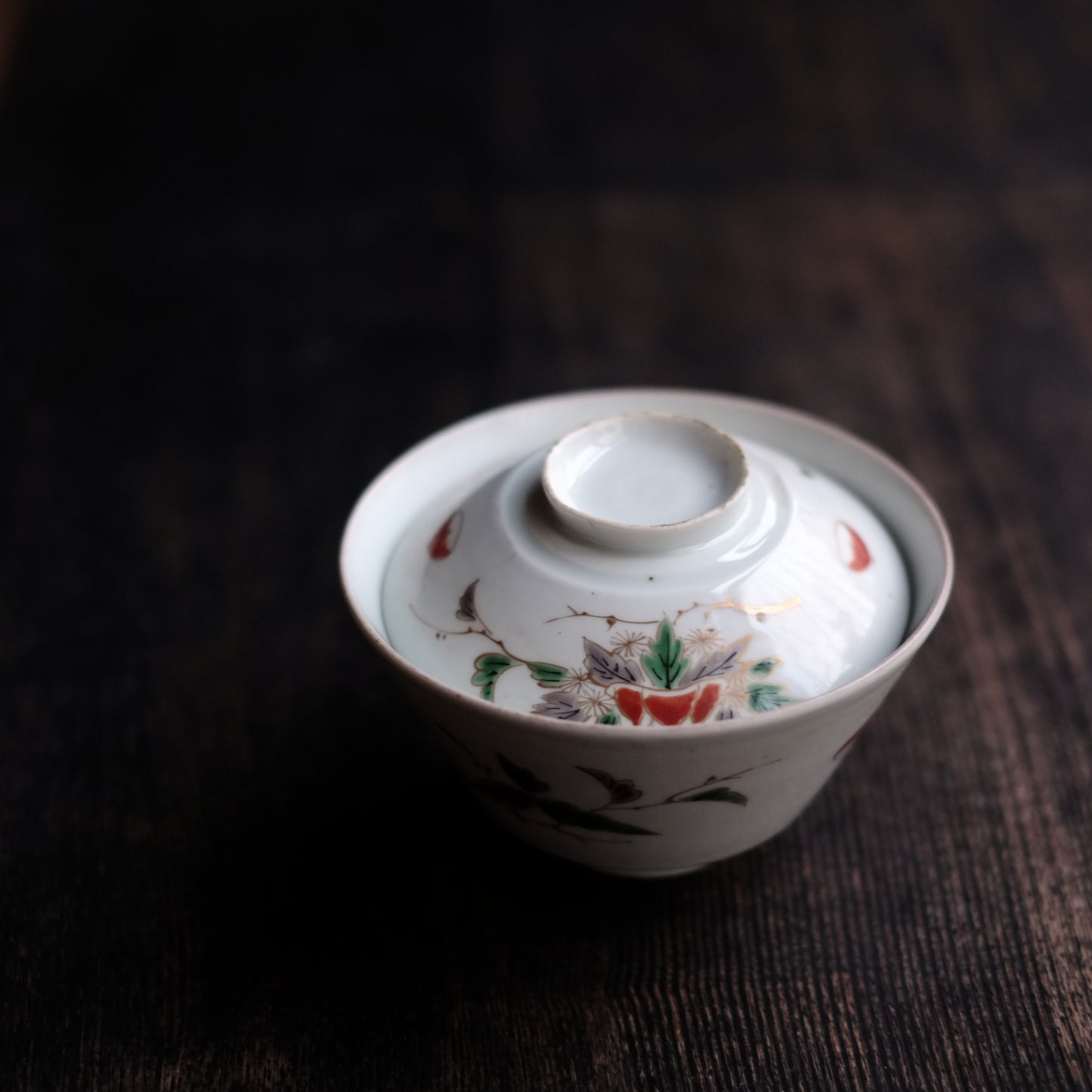 古伊万里白磁 栗図色絵 蓋付茶碗(江戸時代)