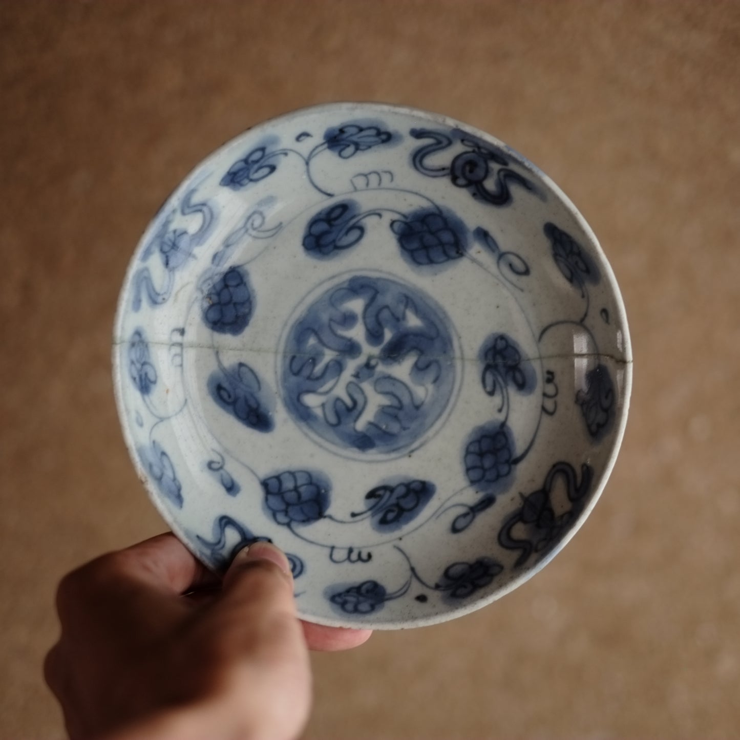 古染付 花唐草文 青花平皿(明朝末期)