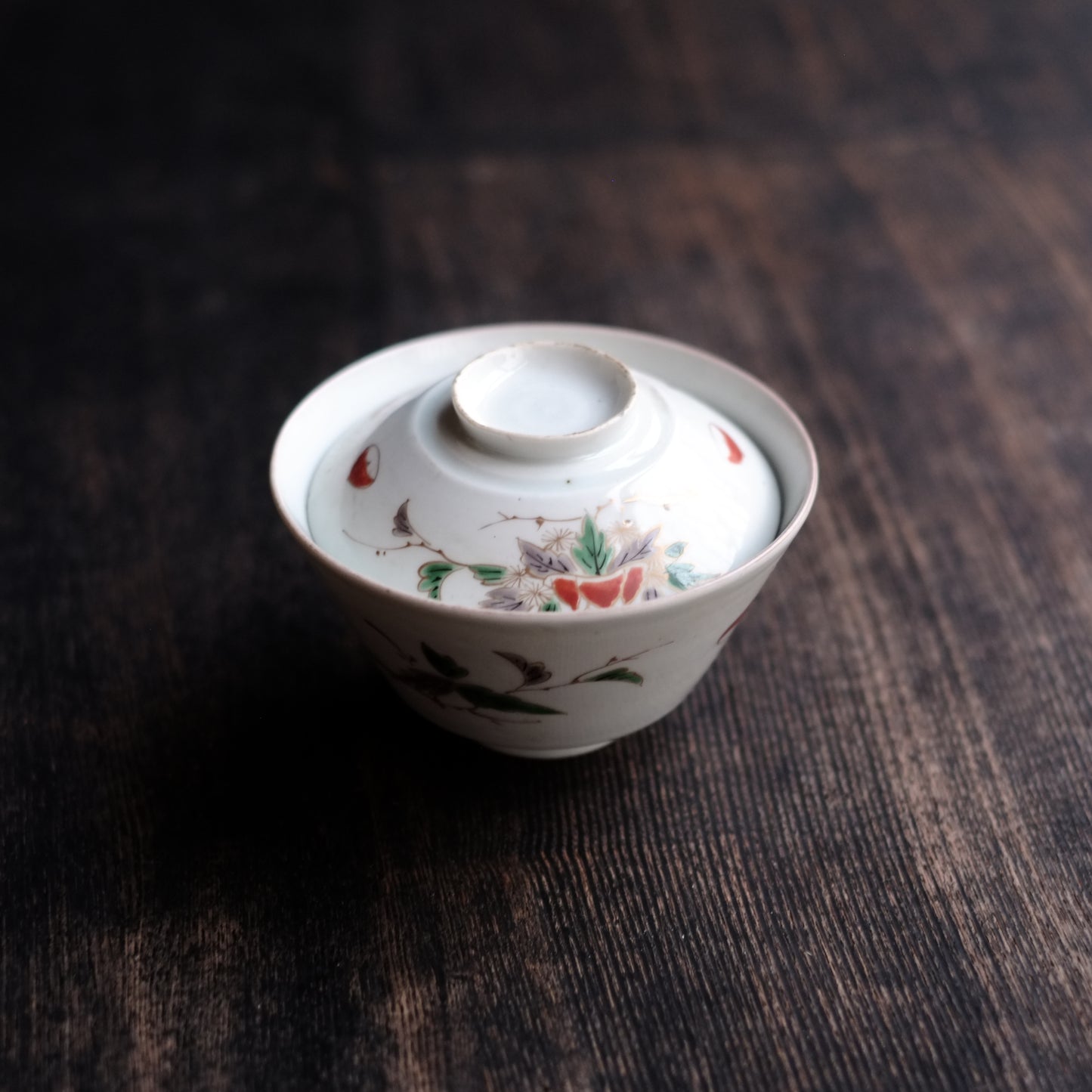 古伊万里白磁 栗図色絵 蓋付茶碗(江戸時代)