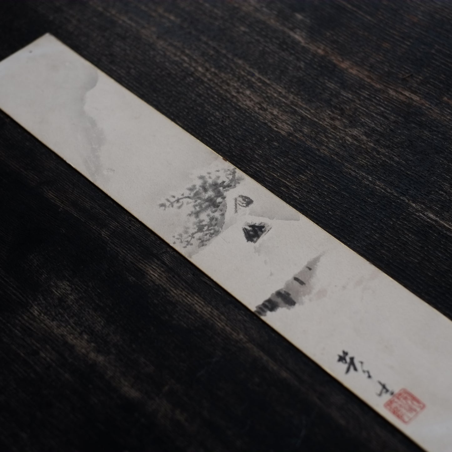 時代 紙本墨画 雪中茅葺家図 短冊