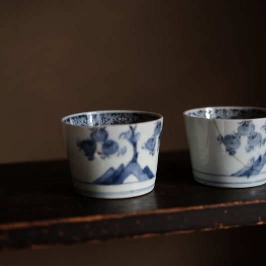 古伊万里 岩橘鵲図 蕎麦猪口 直し有 (江戸時代)