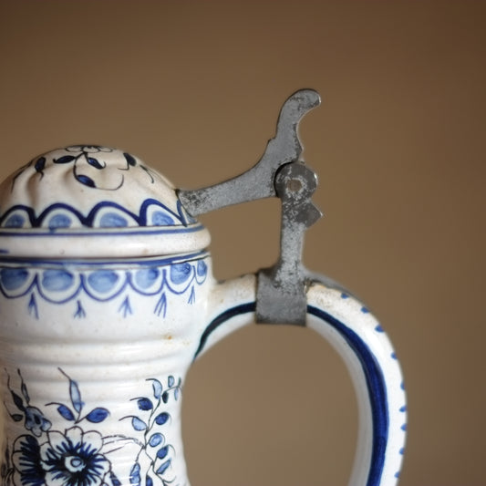 時代 フランス ファイアンス 白釉藍絵草文ピューター付水指 (1920-1950s'頃)