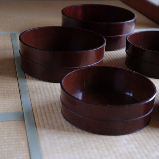 時代 溜塗銅線丸桶 五ツ組 共箱付 (明治時代)