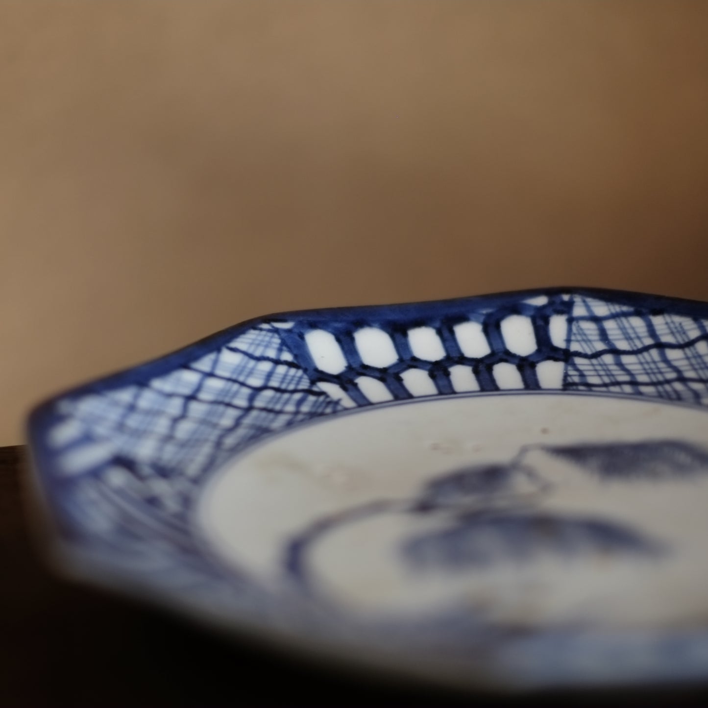 時代 柳文染付 八角皿(江戸時代)