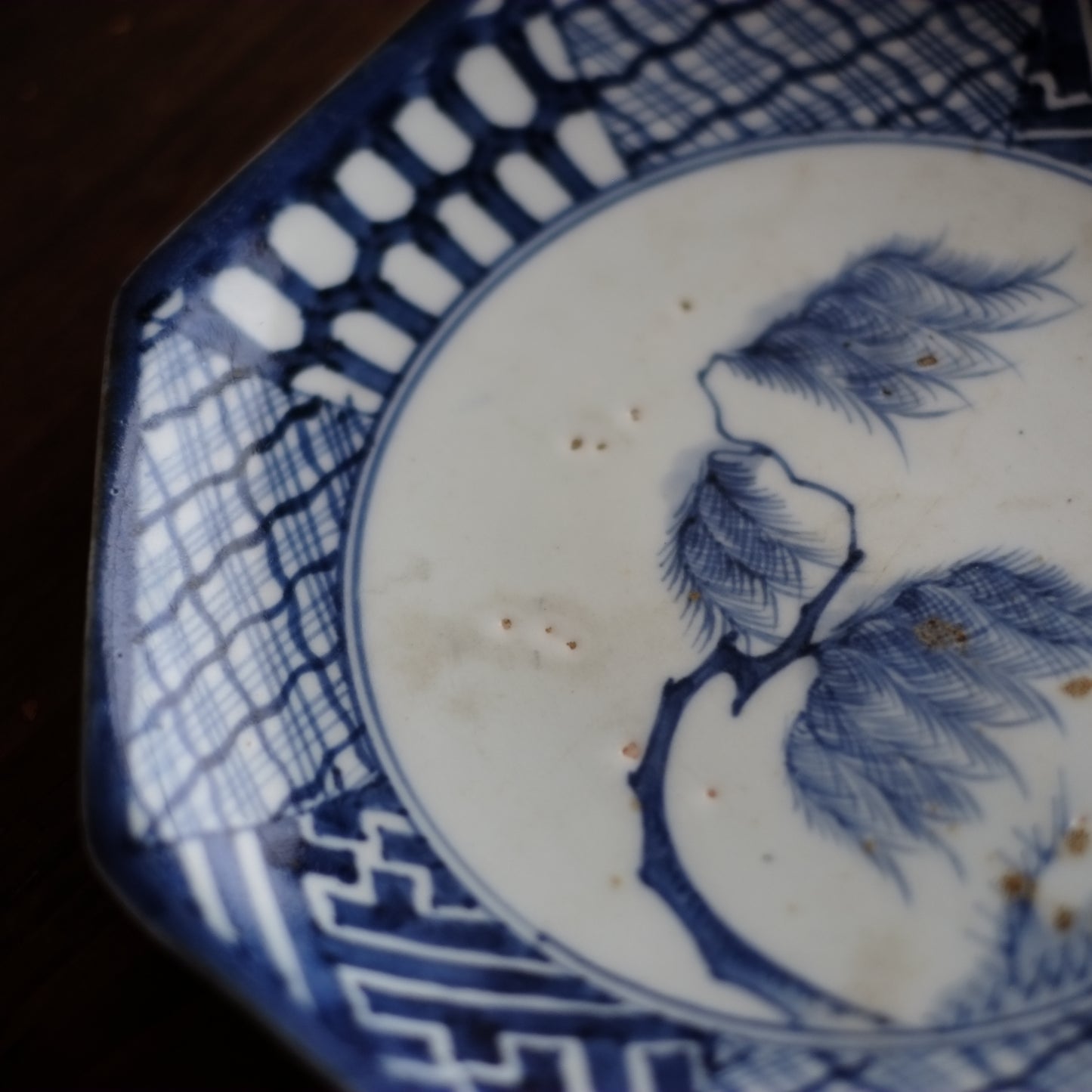 時代 柳文染付 八角皿(江戸時代)