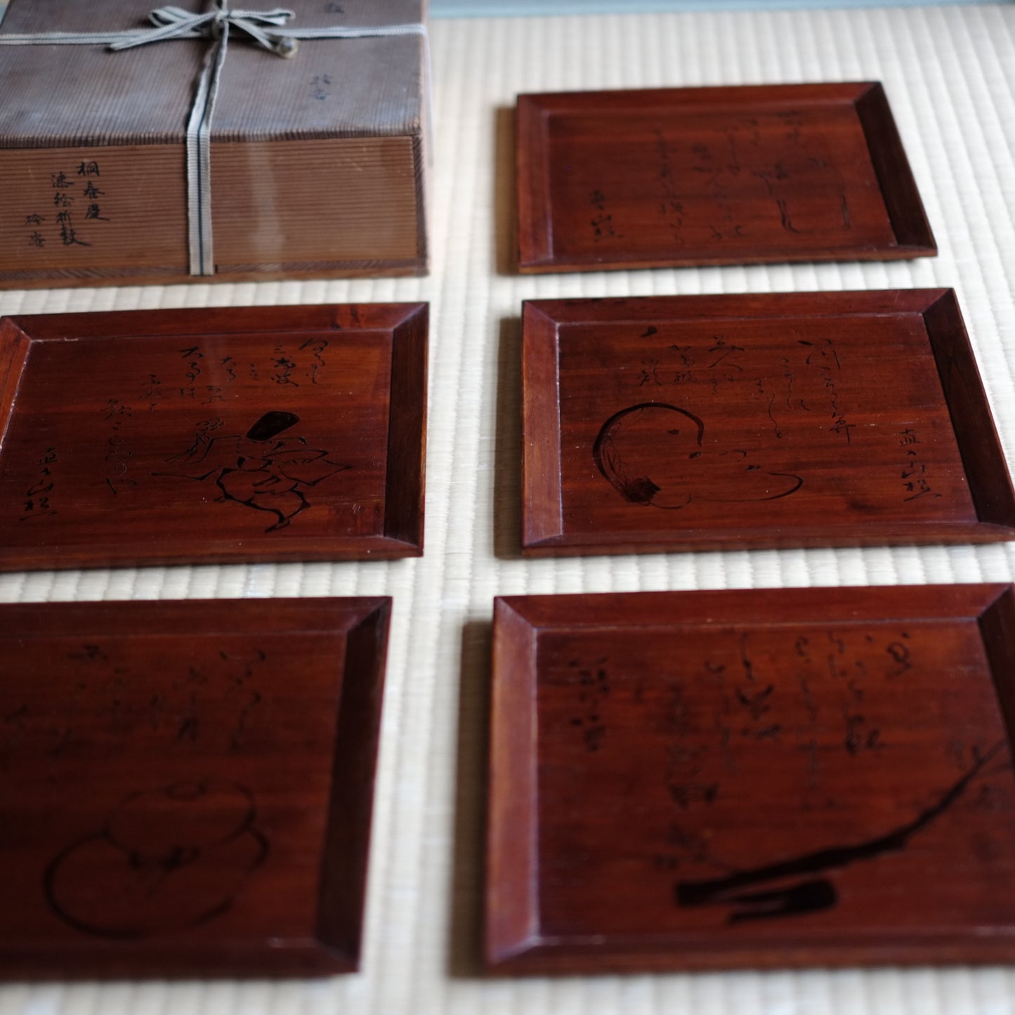 時代 桐春慶塗折敷 四方盆 五枚揃 田能村直入画 時代箱付 (幕末-明治)
