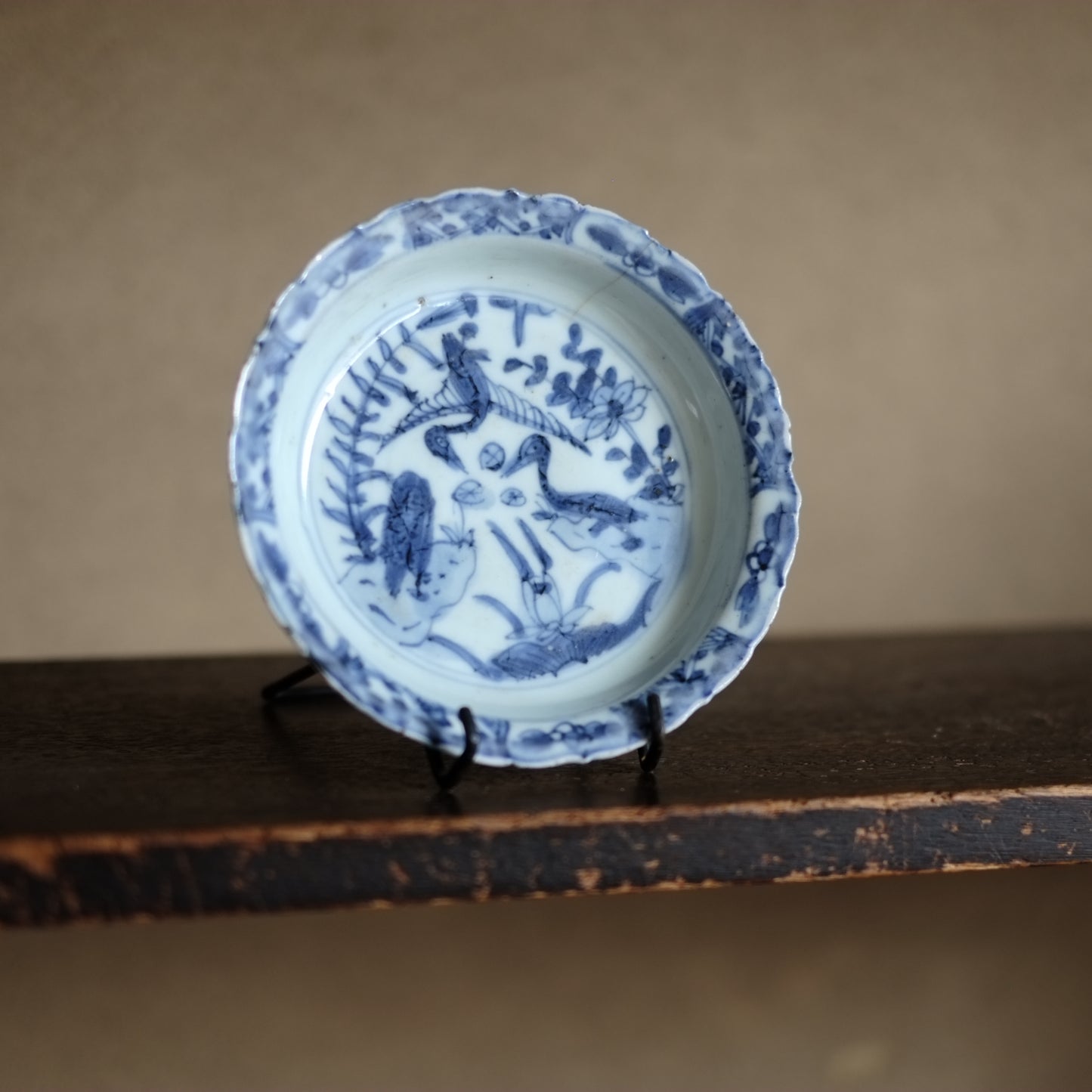 時代 青花 古染付 鳥花文 輪花平皿 (明末清初)