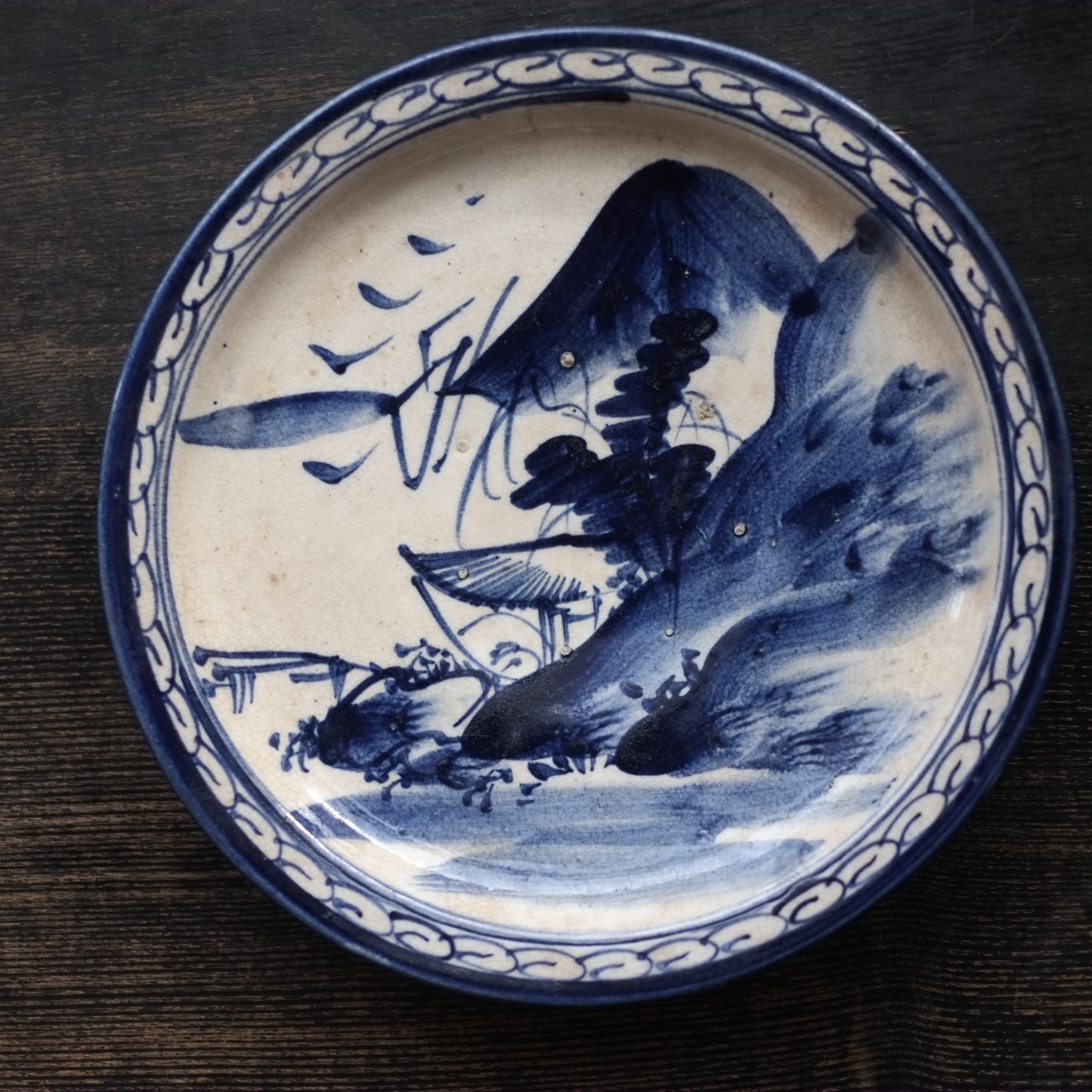 時代 染付山水図 八寸皿 (明治時代)