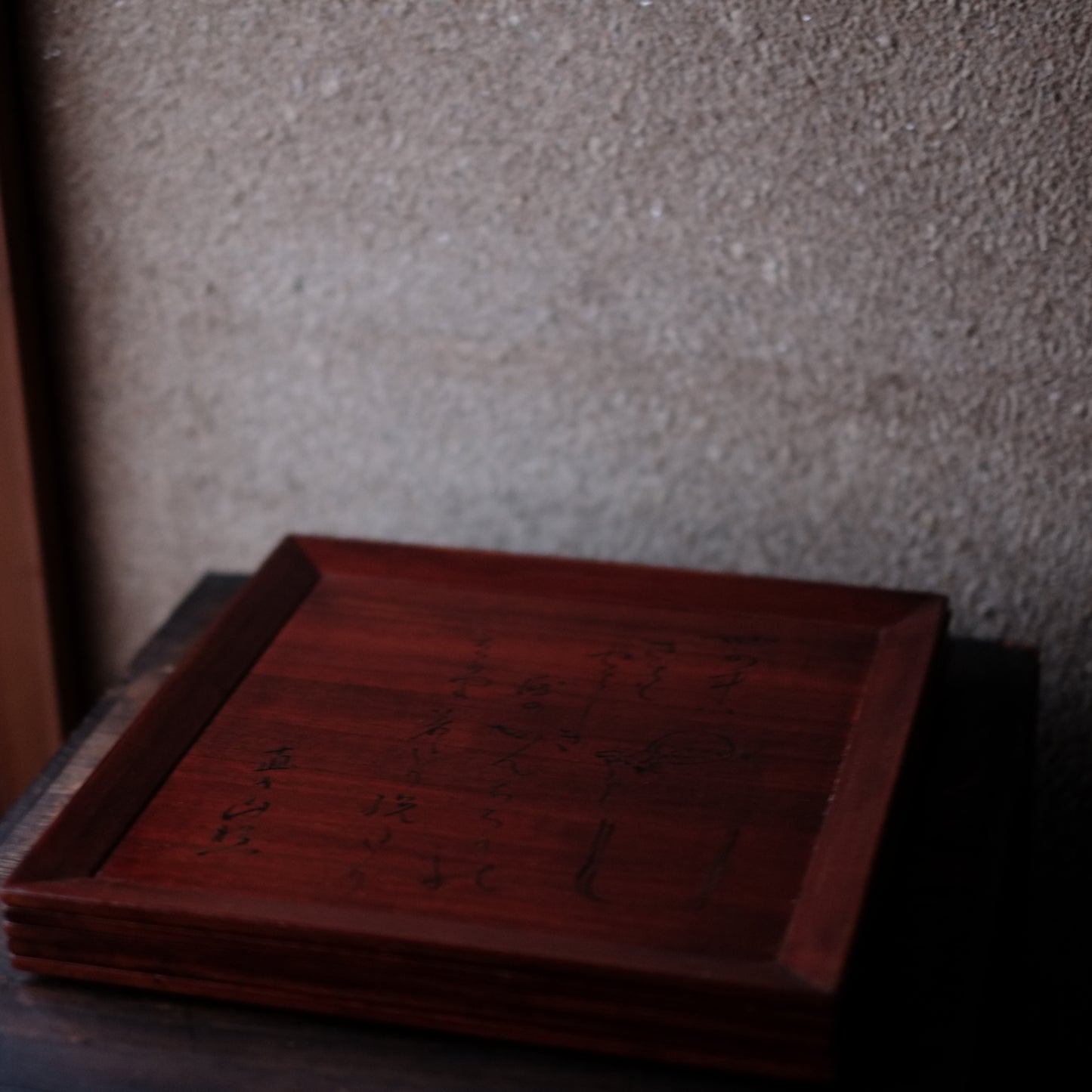 時代 桐春慶塗折敷 四方盆 五枚揃 田能村直入画 時代箱付 (幕末-明治)