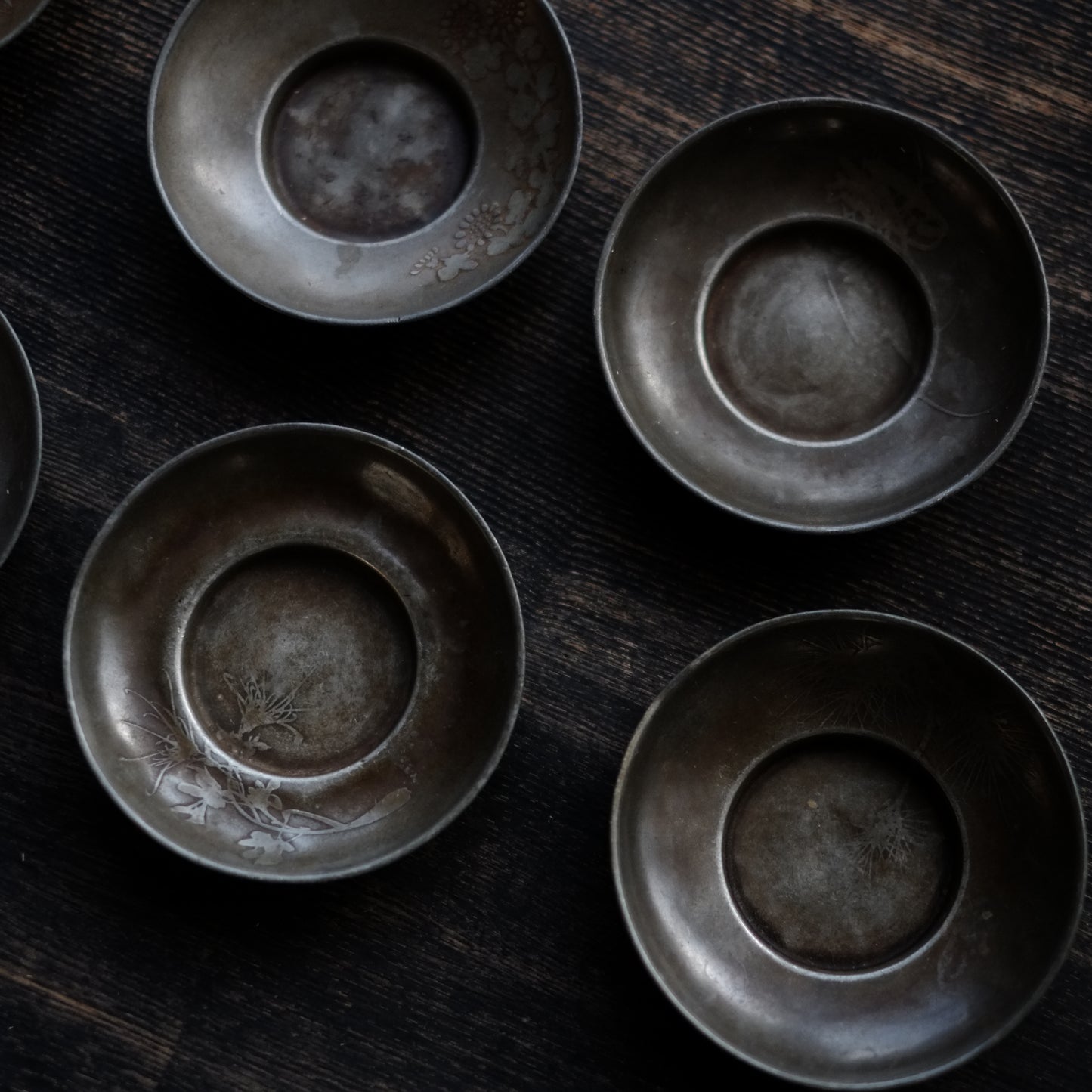 時代 古錫君子図 茶托 六枚揃セット