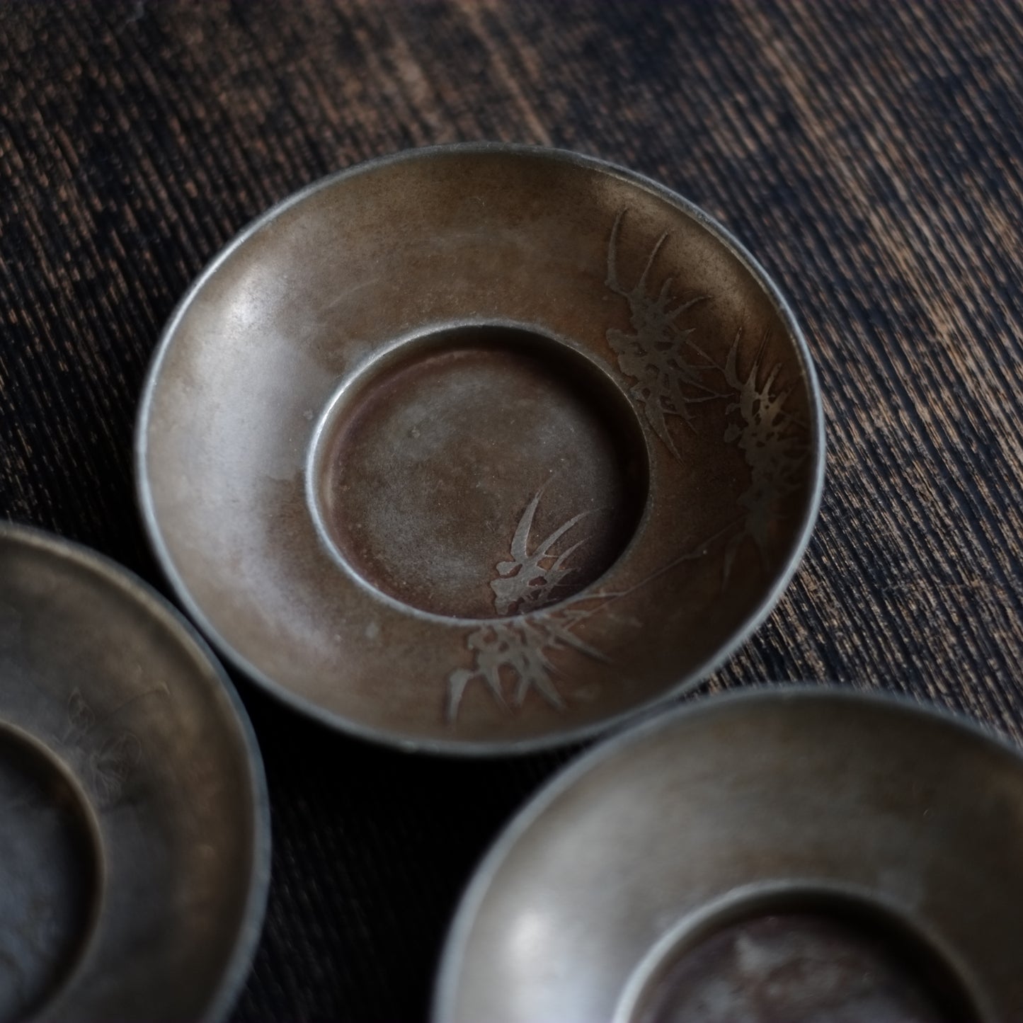 時代 古錫君子図 茶托 六枚揃セット