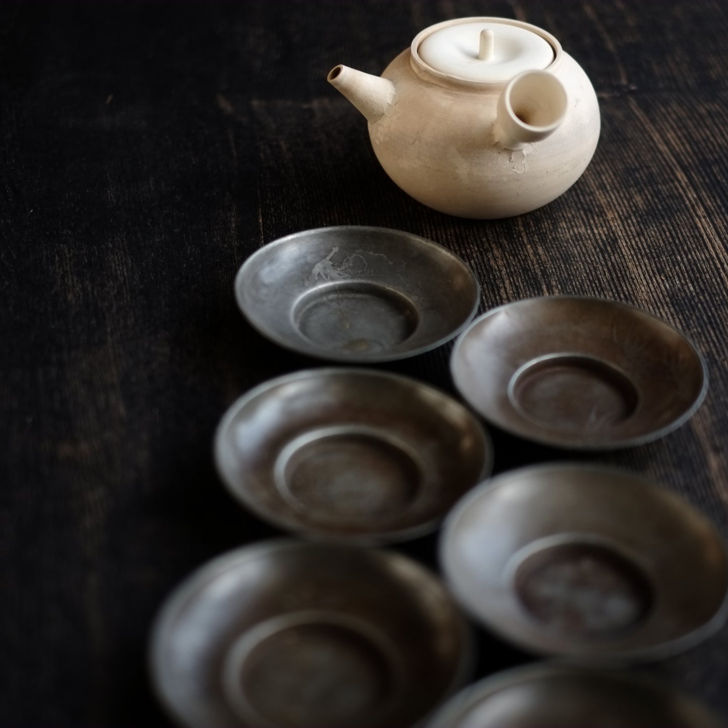 時代 古錫君子図 茶托 六枚揃セット
