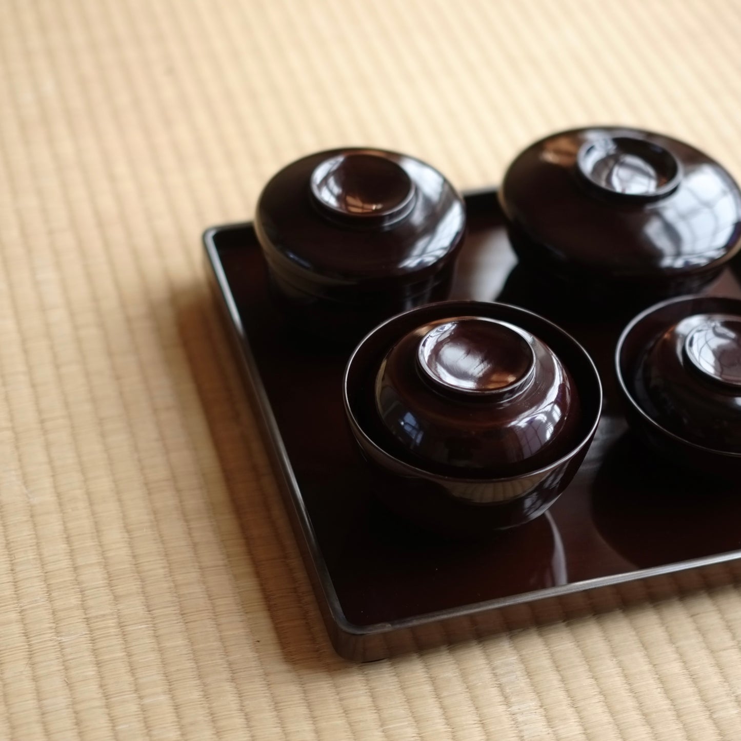 時代 飴黒漆塗 飯椀・汁椀・壺椀・平椀 四つ椀揃セット (江戸時代)