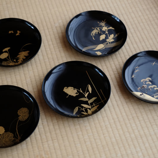 時代 黒漆 図変わり 金蒔絵銘々盆 5客セット その4