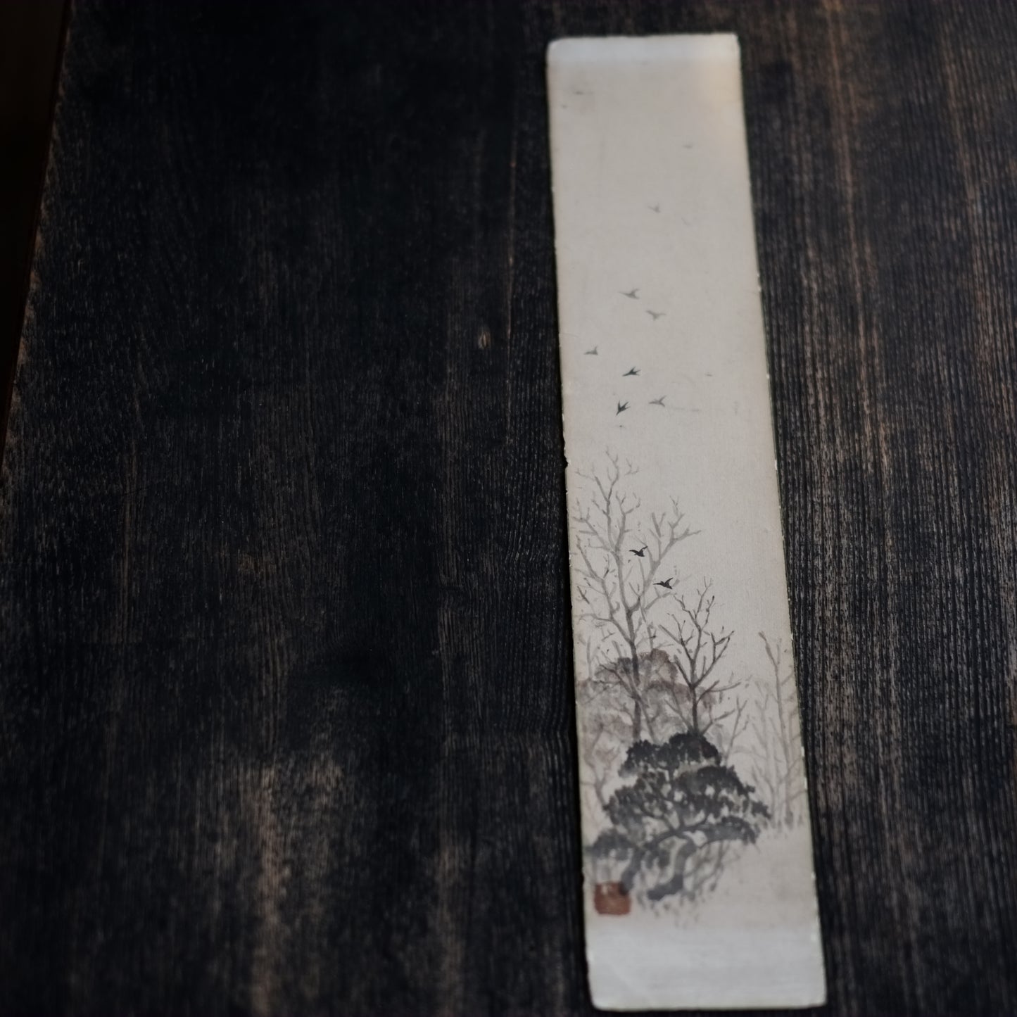 時代 紙本墨画 枯木群鴉図 短冊