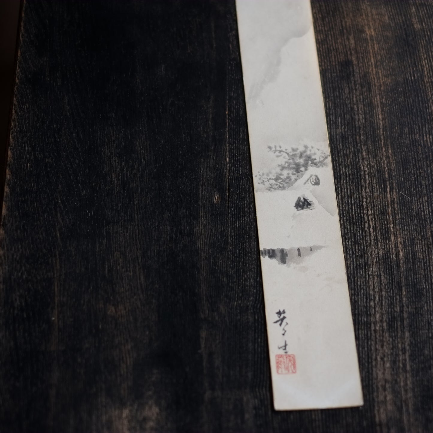 時代 紙本墨画 雪中茅葺家図 短冊