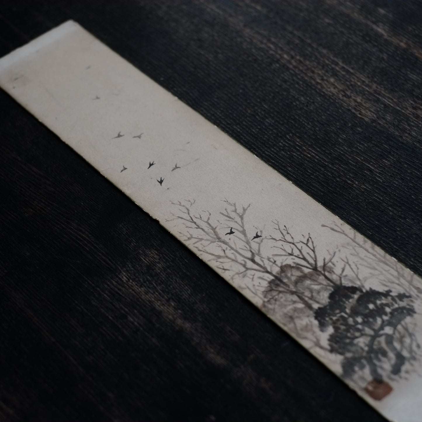 時代 紙本墨画 枯木群鴉図 短冊