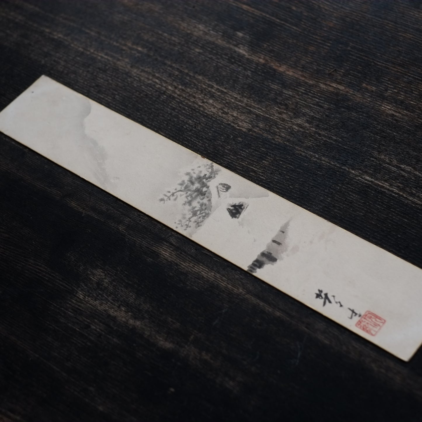 時代 紙本墨画 雪中茅葺家図 短冊
