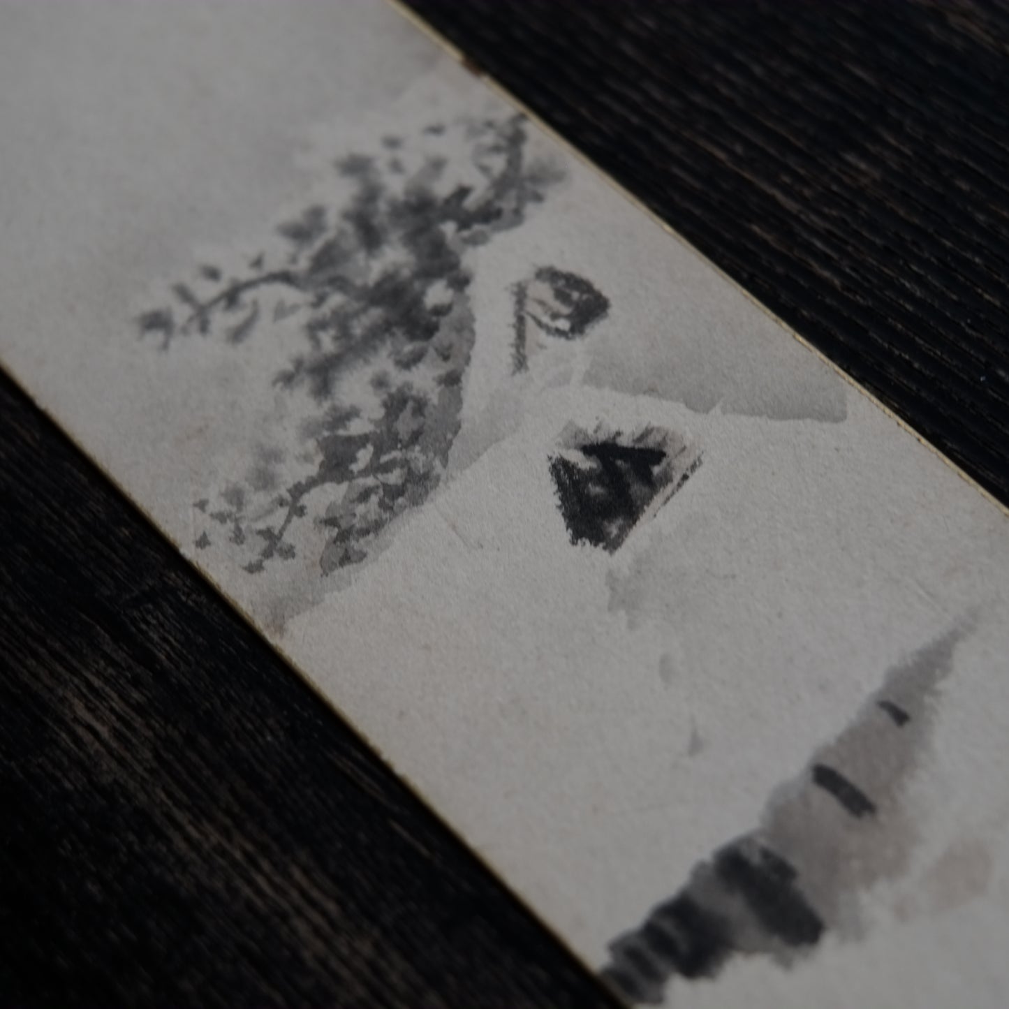 時代 紙本墨画 雪中茅葺家図 短冊