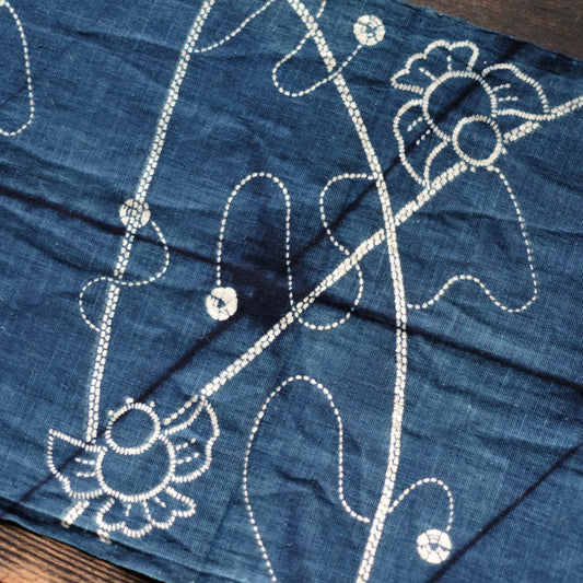 時代 福良雀藍染型染古布 (明治期頃)