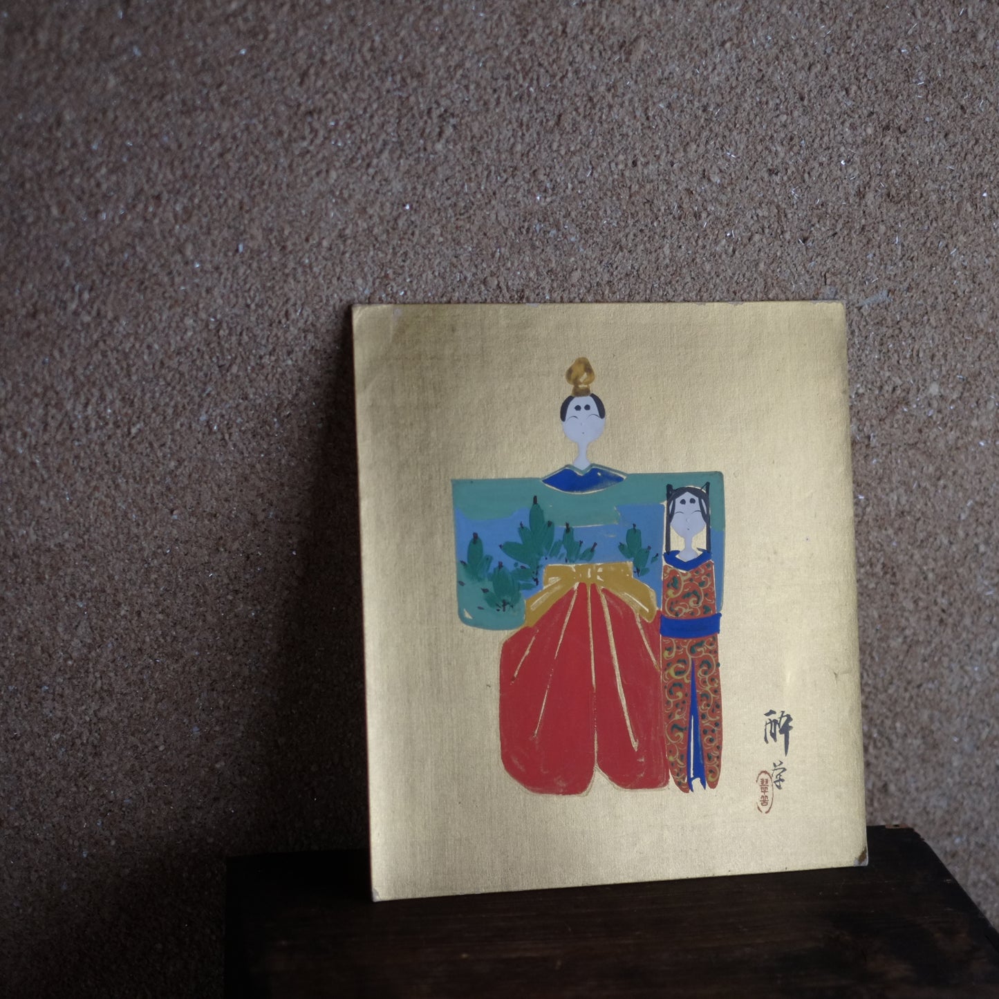 時代 絹金本立雛図 色紙