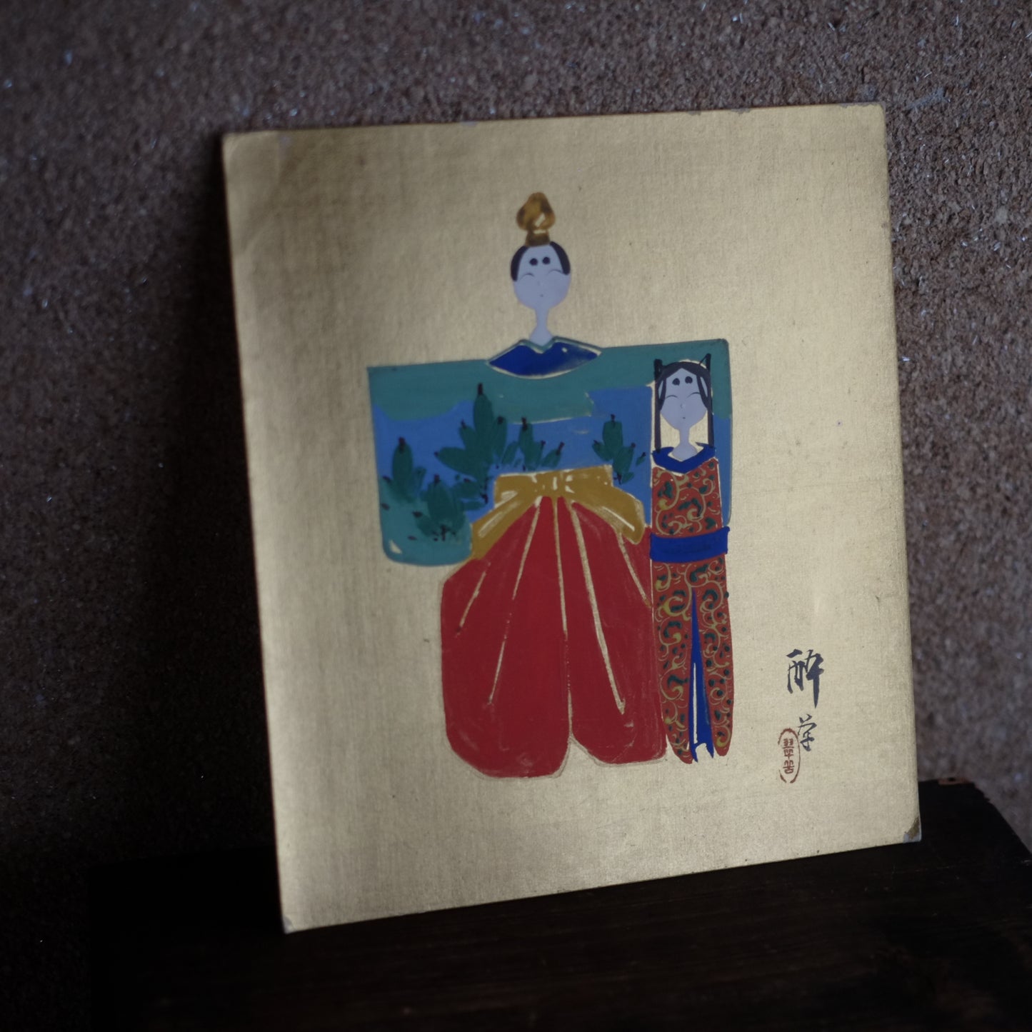 時代 絹金本立雛図 色紙