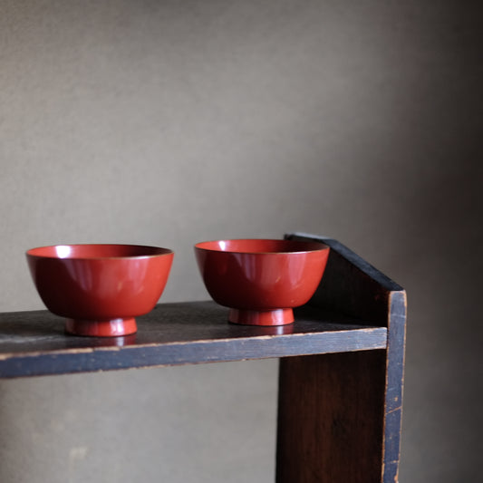 時代 輪島塗 縁金皆朱底黒 飯椀 二客セット(明治-大正)