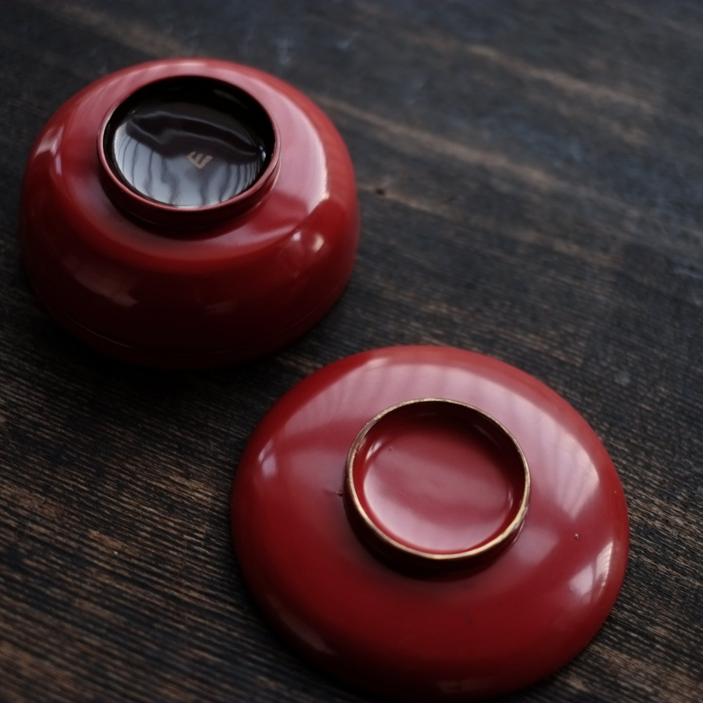 時代 輪島塗 縁金皆朱底黒 蓋付平椀(明治-大正)