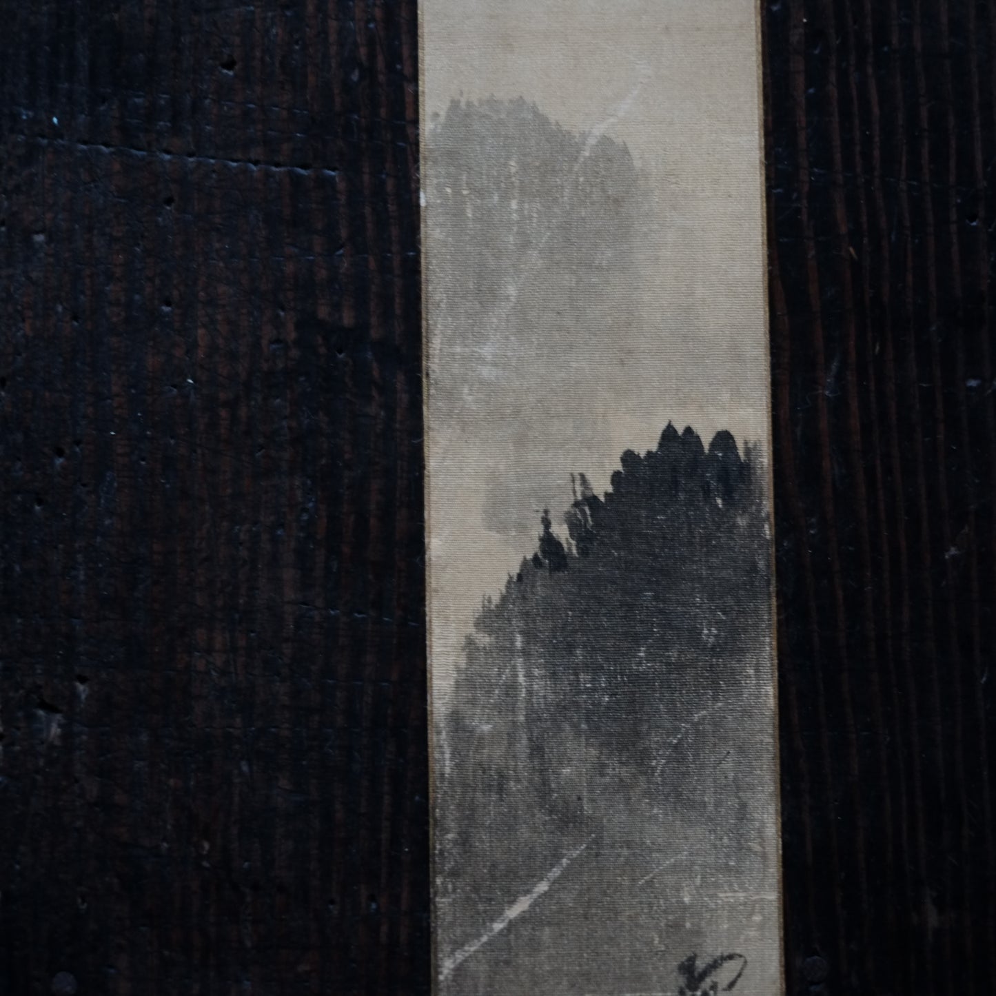 時代 絹本 幽山図水墨画 短冊 (明治-昭和)