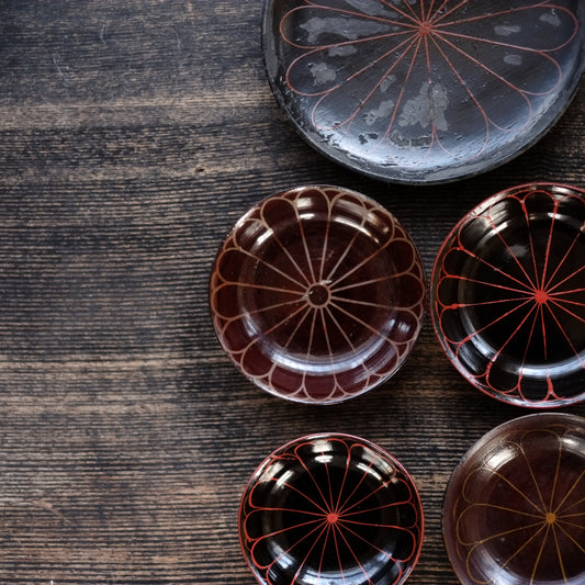 時代 十六花弁 朽木塗 小皿&豆皿 五種 セット (江戸後期-明治初期)