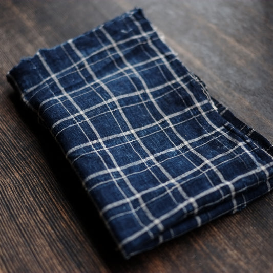 時代 藍染 格子文木綿古布 (明治期頃)