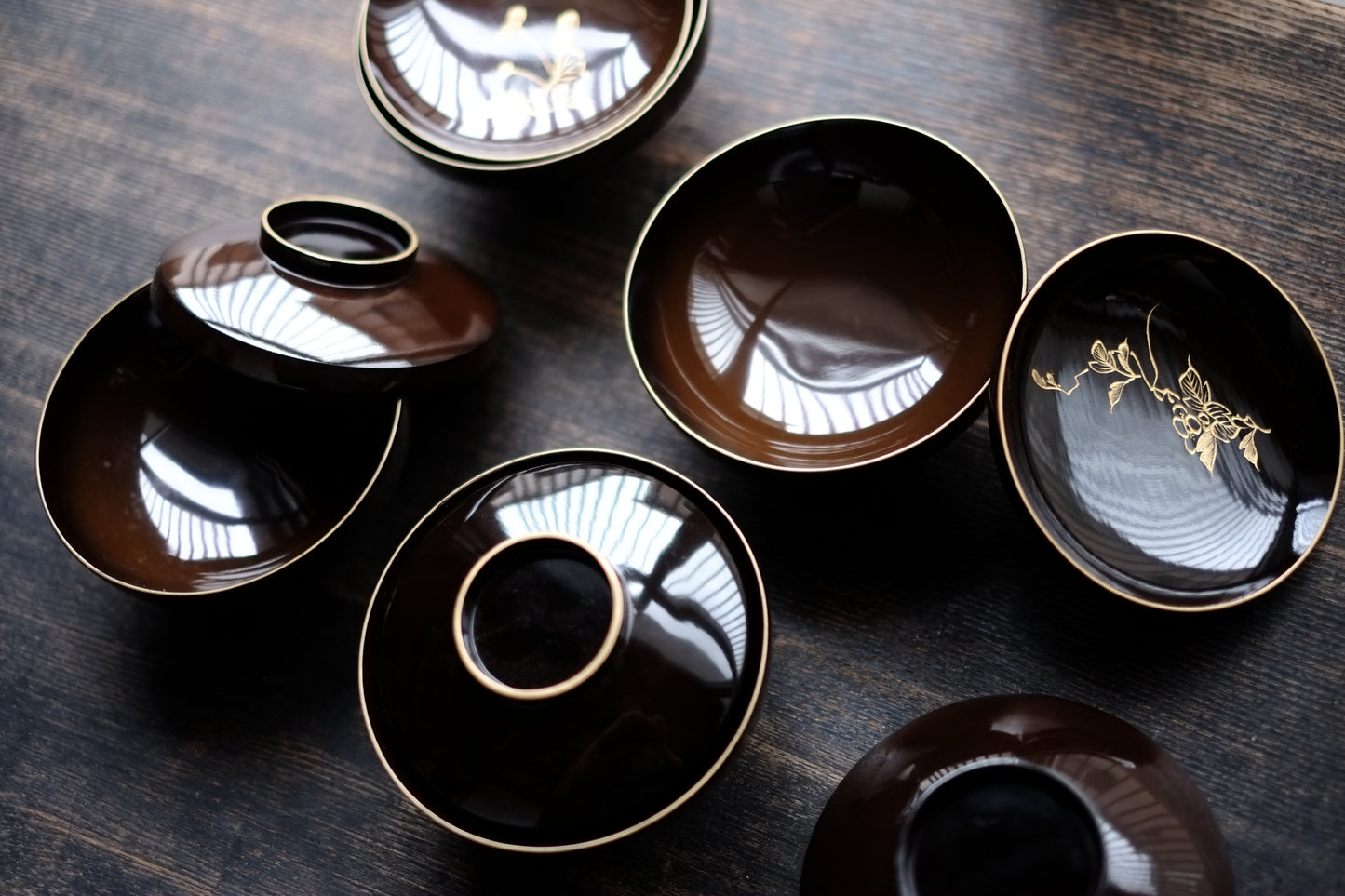 時代 黒漆塗図変内沈金布着 吸物椀 (19世紀末 幕末-明治中期)
