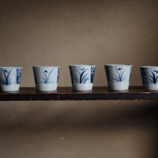 時代 美濃 太白手 あやめ仕切菱格子文 蕎麦猪口 (江戸後-末期)