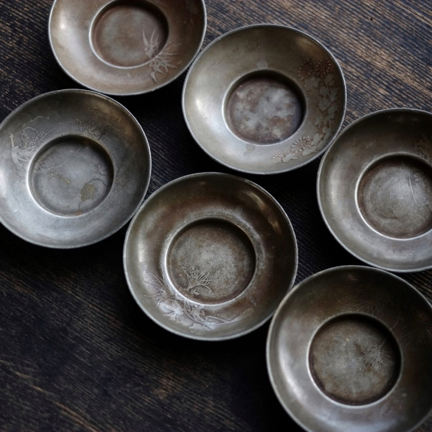 時代 古錫君子図 茶托 六枚揃セット