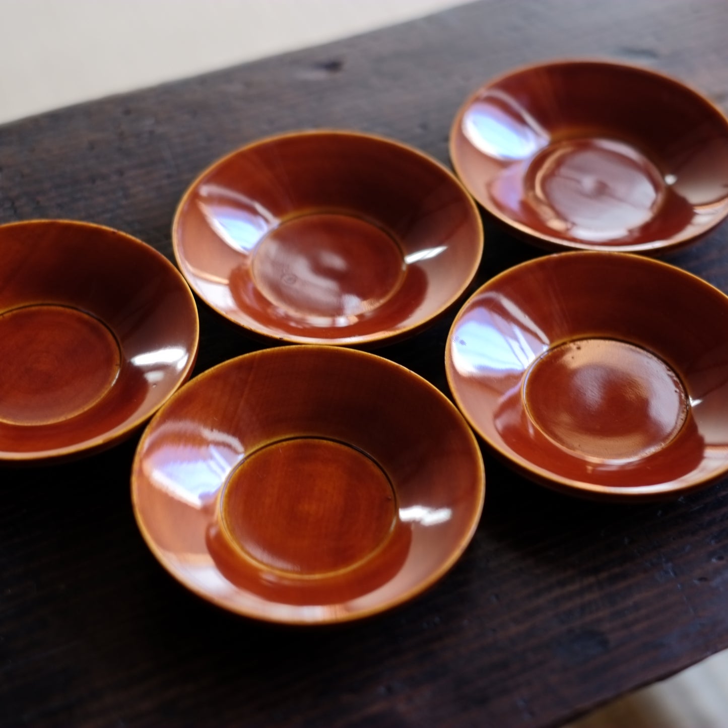 未使用保管品 時代 黄春慶塗 茶托 5客揃 (大正〜昭和初期頃)