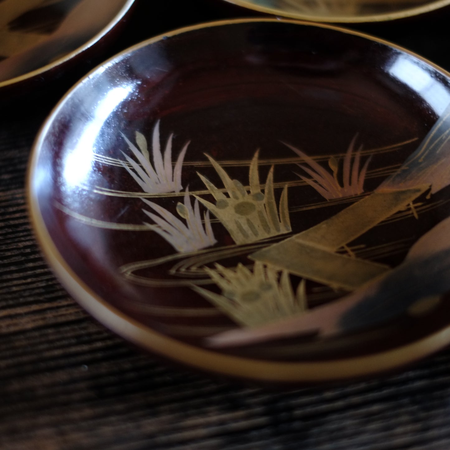 時代 八つ橋図金蒔絵 縁金溜塗 菓子皿 5客セット (明治期頃)