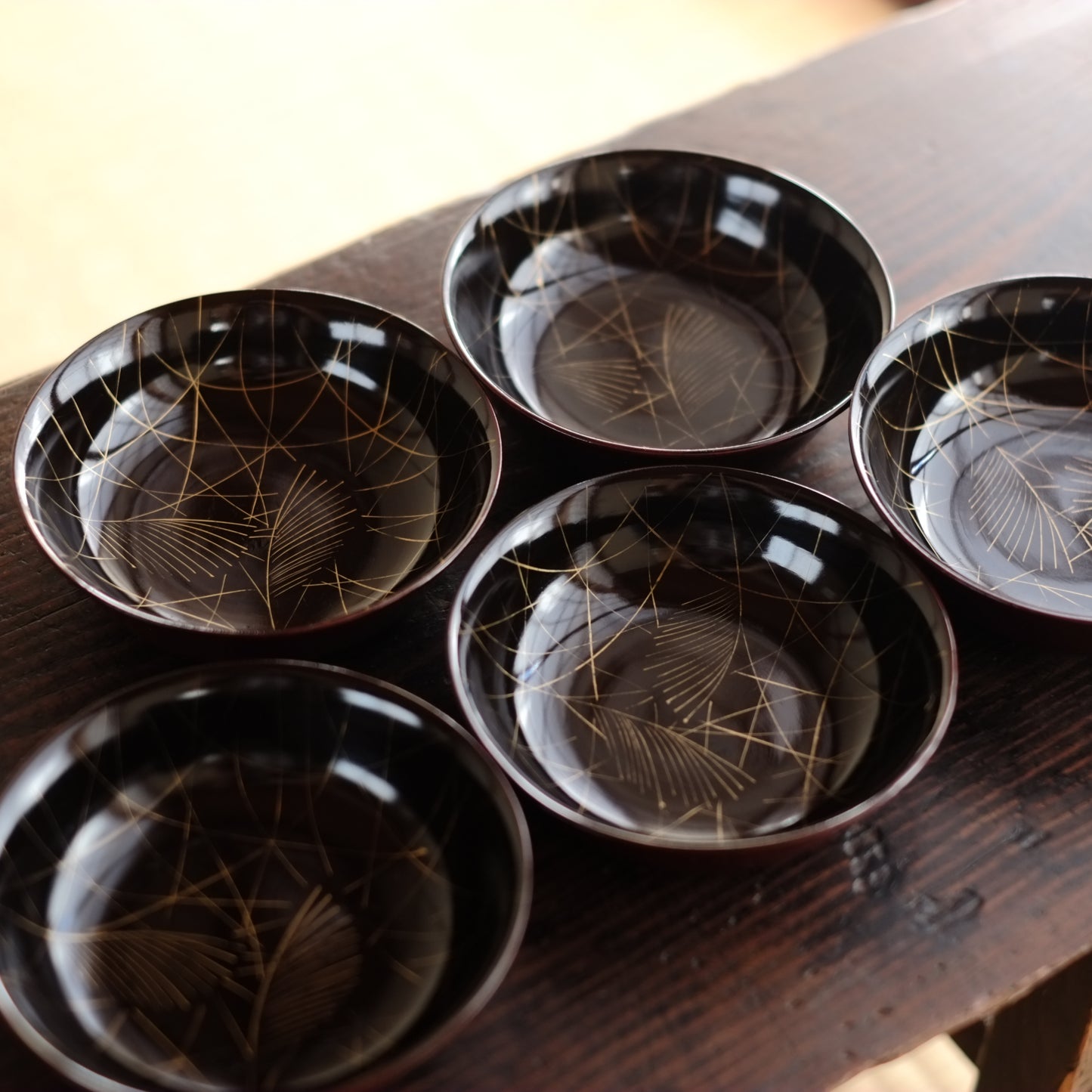 外溜内黒塗分 芒文蒔絵 小皿 5客揃 (明治時代)