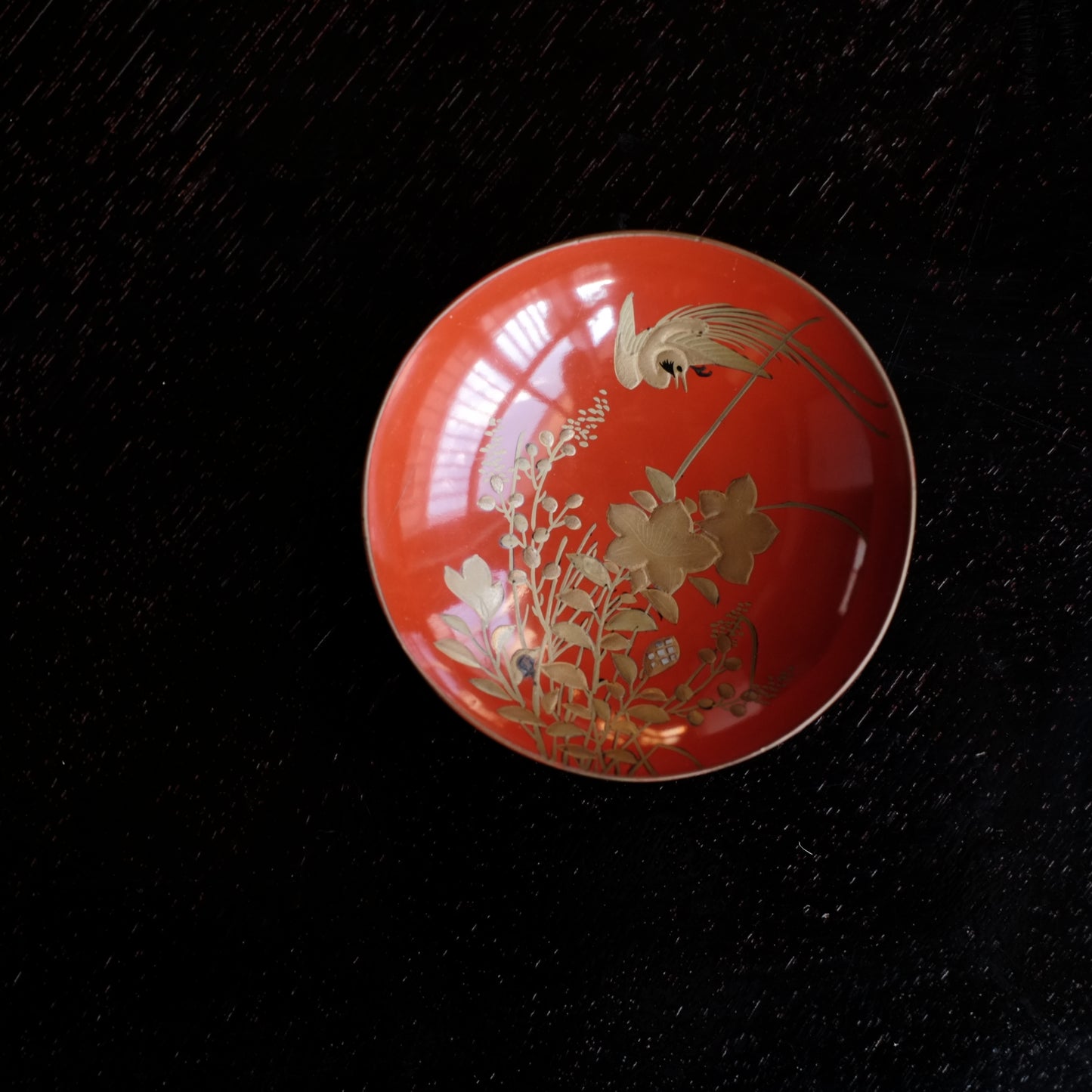 秋草鳥文 切金高蒔絵朱漆 酒盃(明治時代)