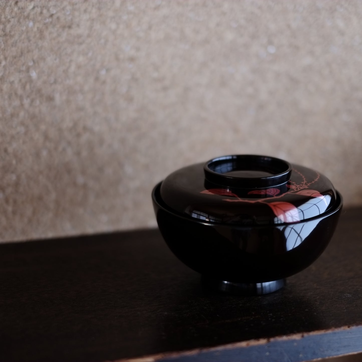 時代 水引草図 赤絵漆蓋付椀 (明治期頃)