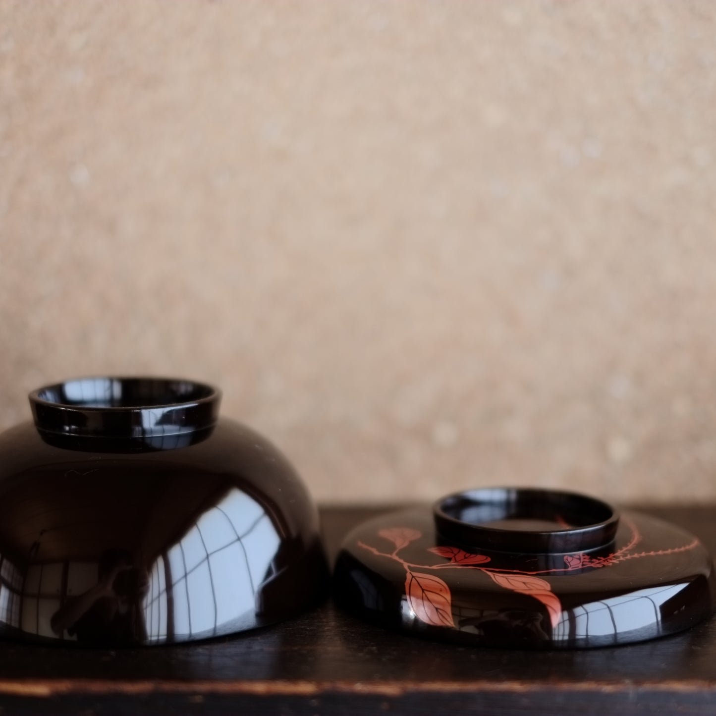 時代 水引草図 赤絵漆蓋付椀 (明治期頃)