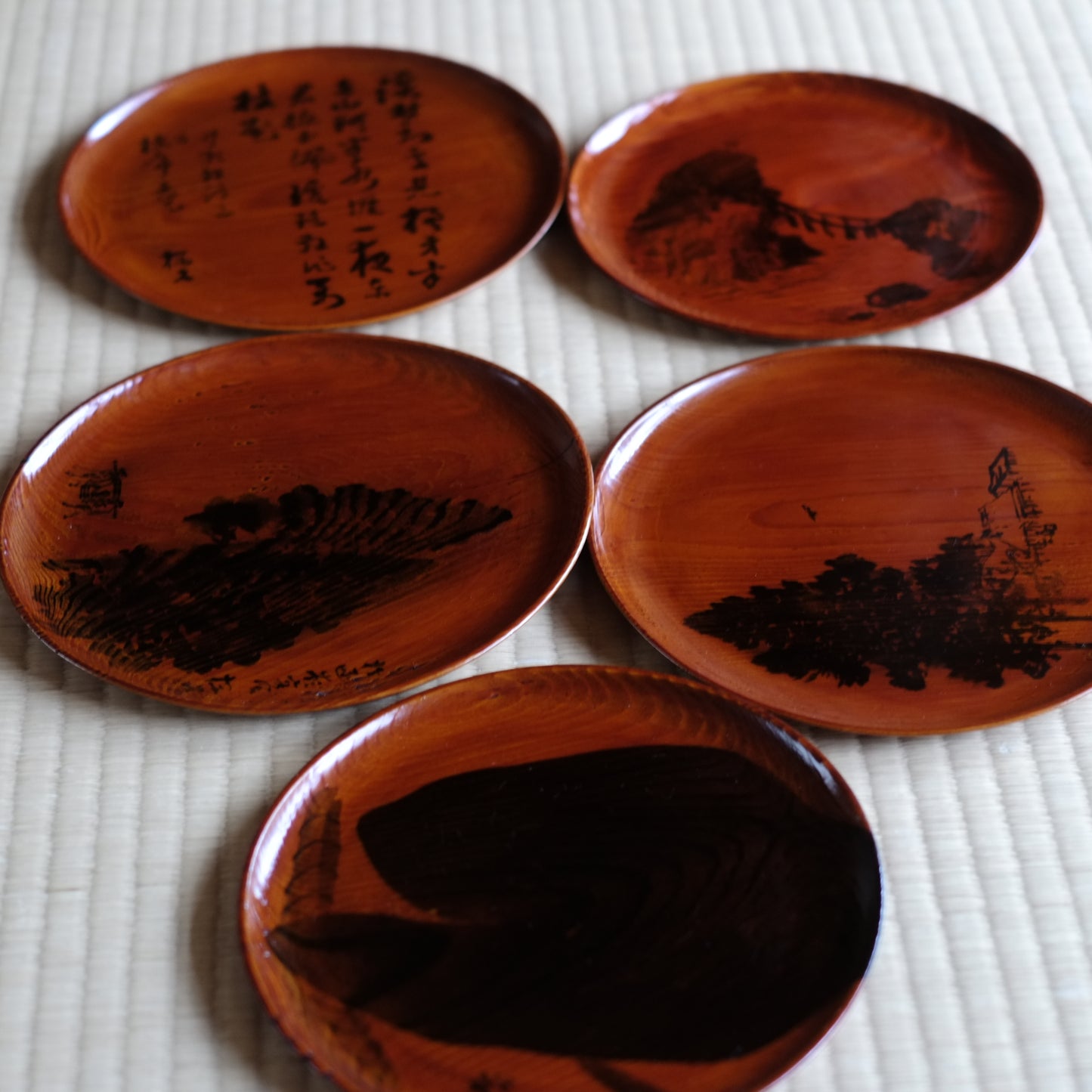 飛騨春慶塗 銘々墨絵箱根盆 5客揃 共紙時代箱付 乾梅亭合作(明治時代)
