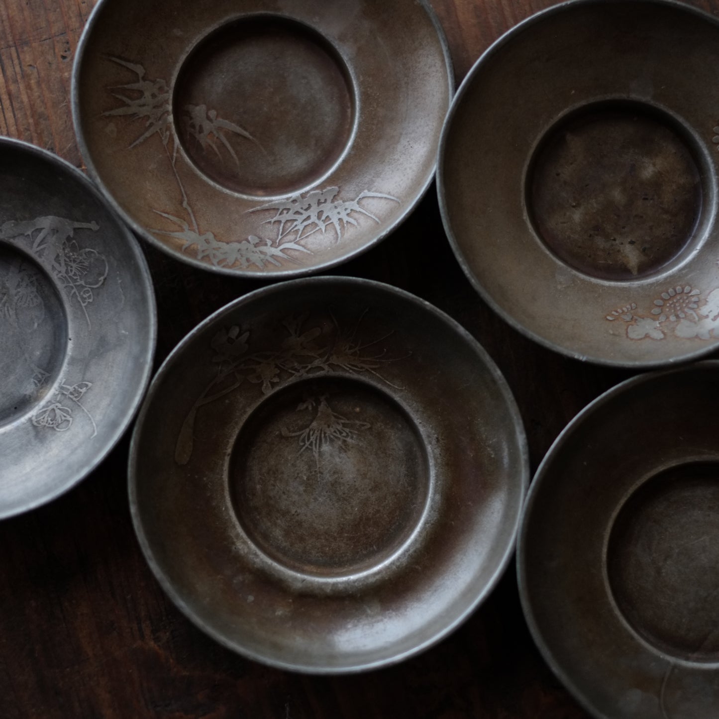 時代 古錫君子図 茶托 六枚揃セット