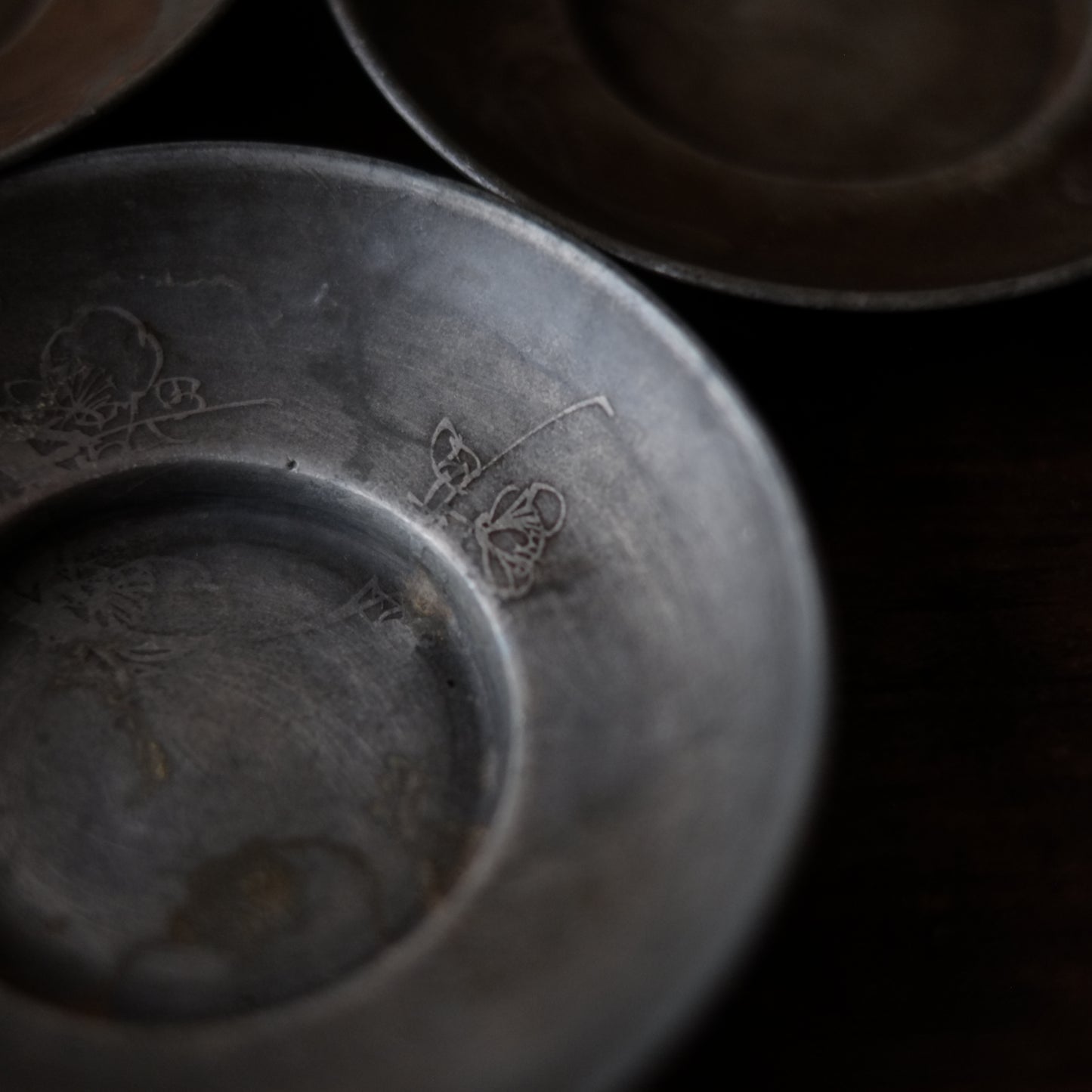 時代 古錫君子図 茶托 六枚揃セット