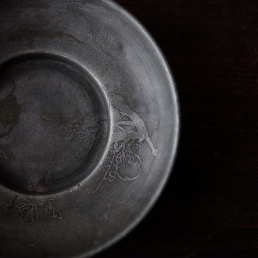 時代 古錫君子図 茶托 六枚揃セット