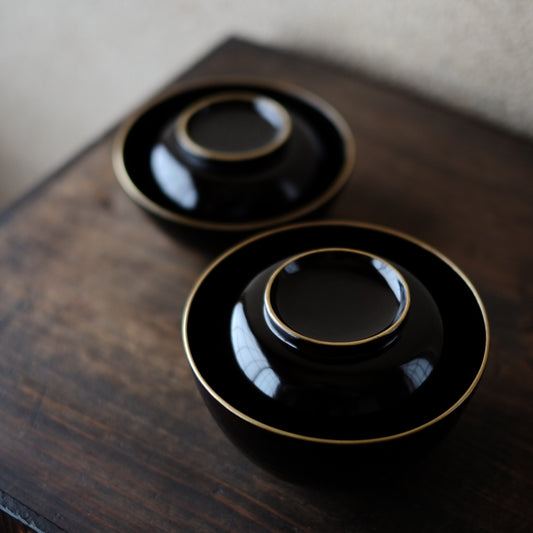 時代輪島塗 縁金黒漆塗本堅地布着 四つ椀 (明治時代)