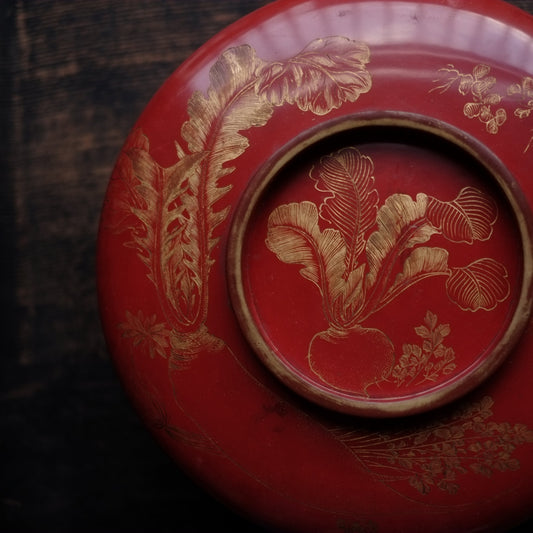 輪島塗沈金朱塗　根菜文大平椀