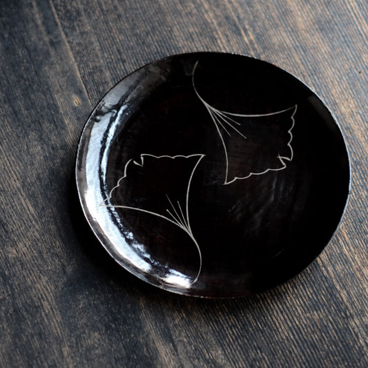 時代 浄法寺塗 銀杏図漆絵平皿(江戸時代)