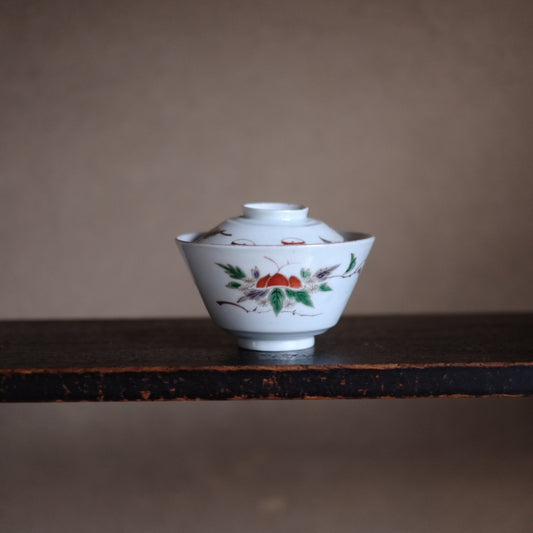 古伊万里白磁　栗図色絵　蓋付茶碗(江戸時代)
