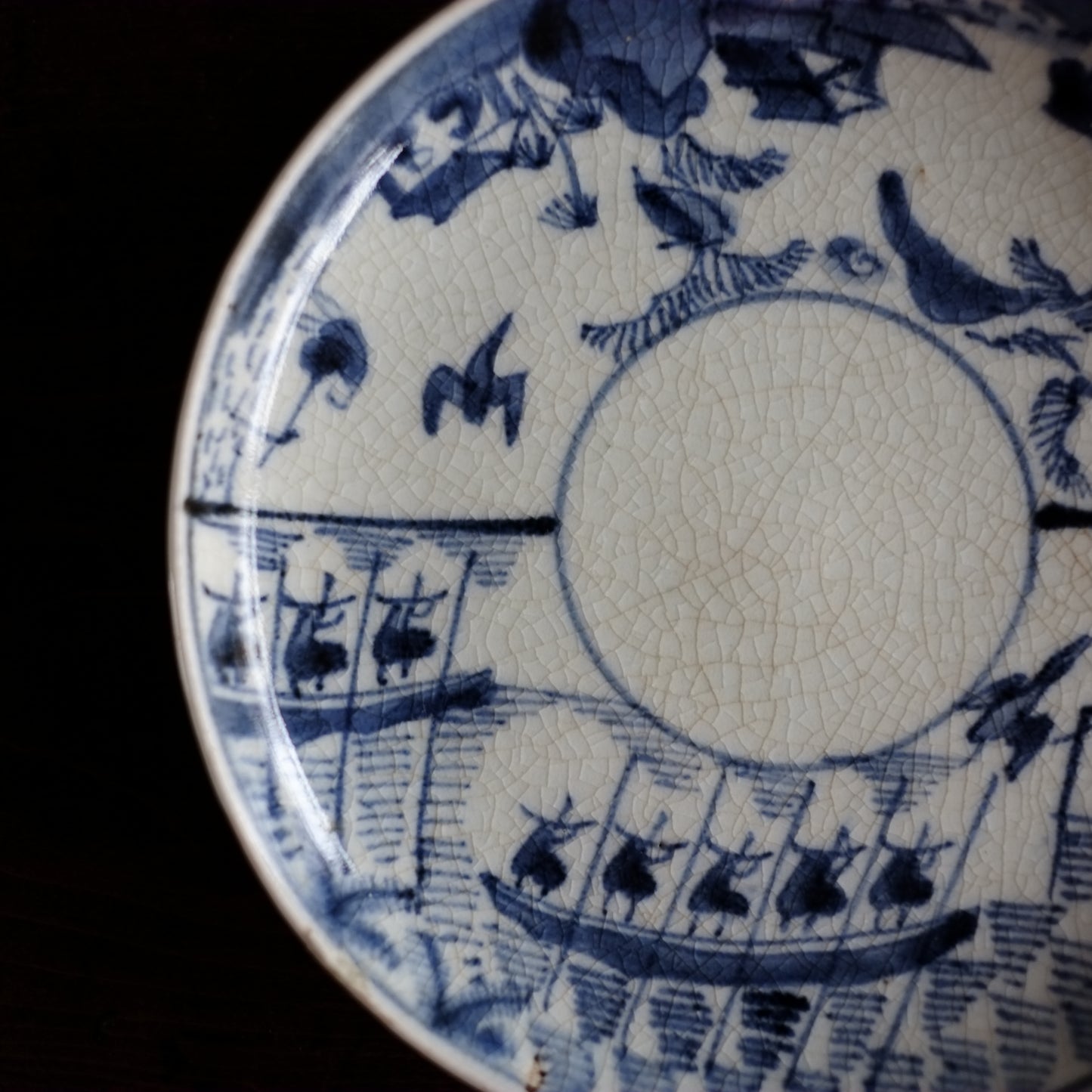古伊万里　染付　山水鳥舟図　5.5寸皿　平皿　(江戸中期-18世紀末)